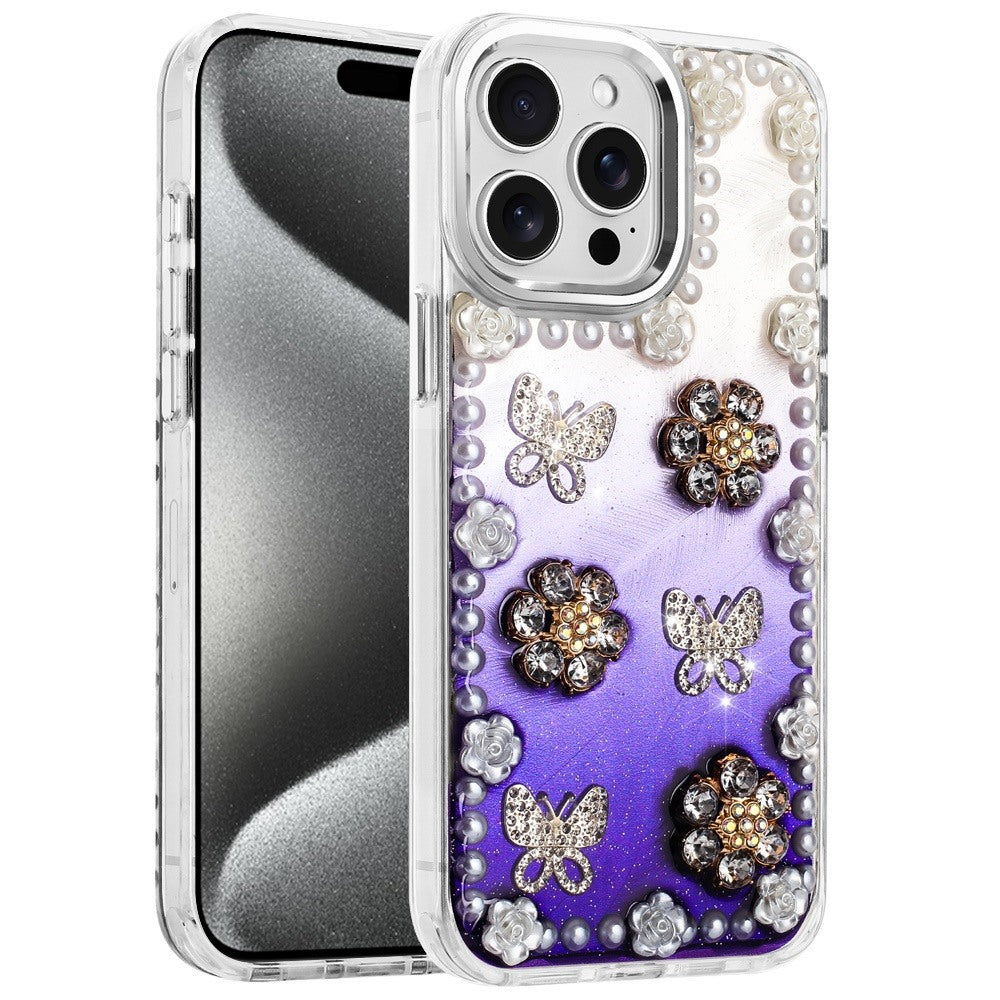 For Apple iPhone 15 Pro Max Bling Fashion Design with 3D Pearls Epoxy Glitter Ornaments Chrome Edge Hard Slim PC Case Cover