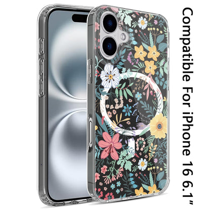 For iPhone 16 (6.1") Hybrid Flower Design Stylish Fashion Case, MagSafe Compatible, Thick Shockproof Hard PC Case Cover Colorful Flower