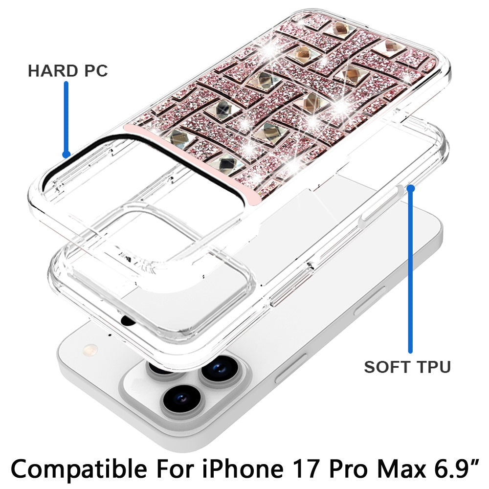 For Apple iPhone 17 Pro Max Sparkly 3D Design Diamond Shockproof Protective Bling Glitter Rhinestone Hybrid Skin PC & TPU Case Cover