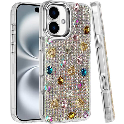 Phone Case for Apple iPhone 16 Chrome Fashion Hybrid Bling Diamond Heart Rhinestone Decorative Stones Sparkling Embellished Design Cover