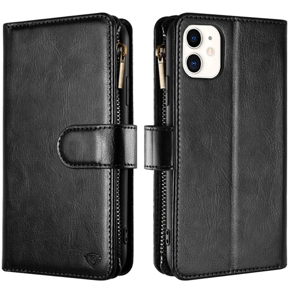 For Apple iPhone 16 Plus (6.7") Premium Leather Zipper Wallet with Credit Card Slots Money Pocket Luxury Clutch Pouch Stand & Strap Case Cover Black