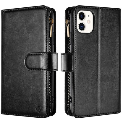 For Apple iPhone 16 Plus (6.7") Premium Leather Zipper Wallet with Credit Card Slots Money Pocket Luxury Clutch Pouch Stand & Strap Case Cover Black