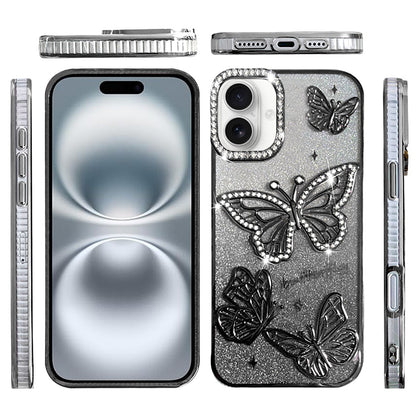 For Apple iPhone 16e Luxury Butterfly Sparkle Glitter Diamond Crystal Rhinestone Shimmer Bling Plating Thick TPU Hard PC Case Cover