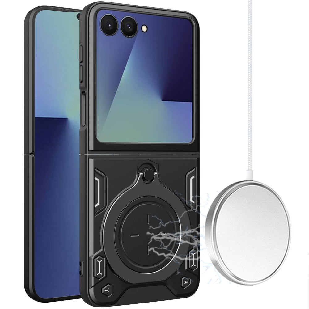 Phone Case for Samsung Galaxy Z Flip 8 Magnetic Ring Stand Shockproof Hybrid Full Camera Slide Guard Anti Slip Heavy Duty Protective Armor Cover Black