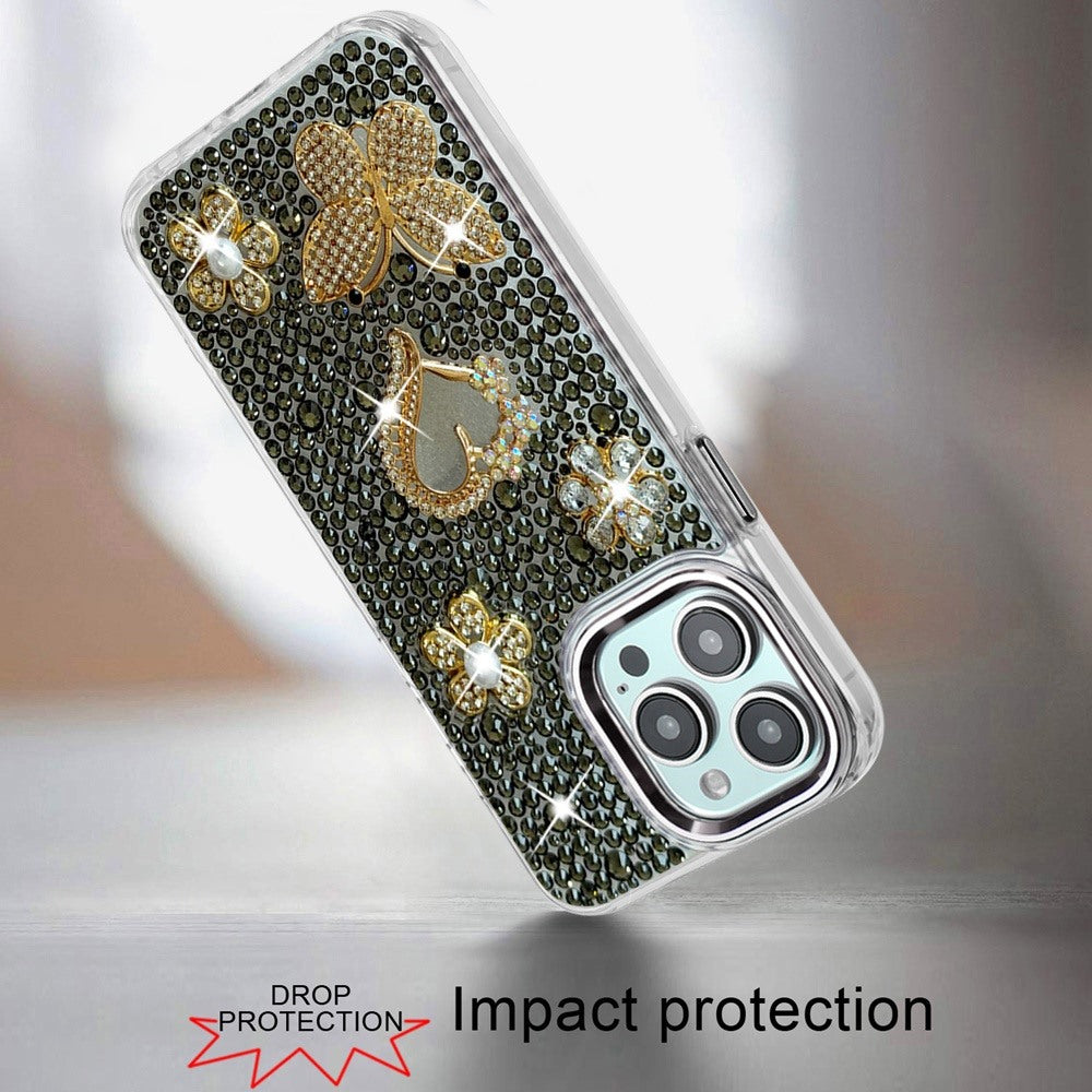 Phone Case for Apple iPhone 13 Pro Max Luxury Crystal Butterfly Floral Jeweled Heart Full Diamond Design, Sparkling Decorative Details, Elegant Style Cover