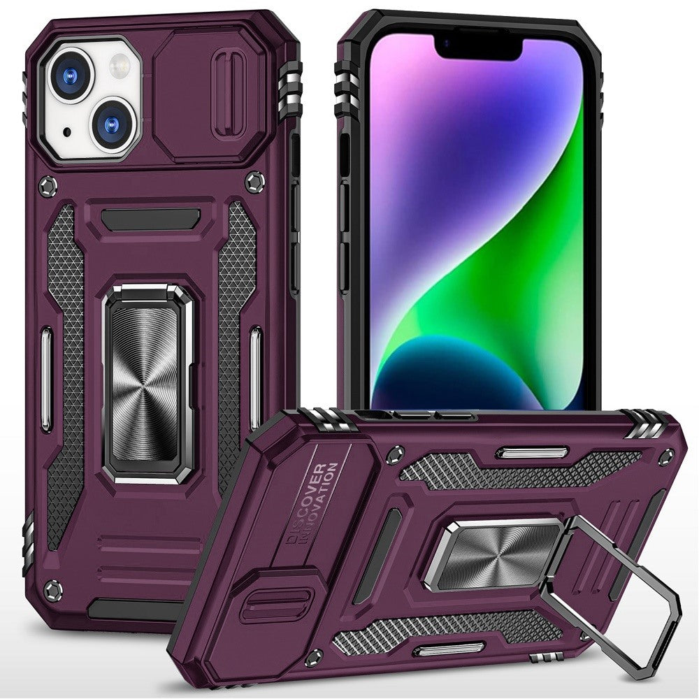 Phone Case for Apple iPhone 14/ iPhone 13 Tough Metal Ring Shockproof Sliding Camera Window Hybrid Armor Rugged Anti Slip Heavy Duty Grip Cover Purple