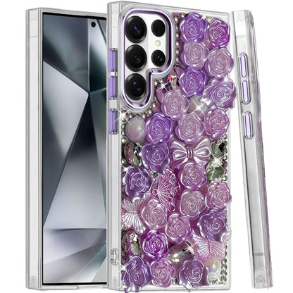 Phone Case for Samsung Galaxy S24 Ultra 3D Flower Bling Rhinestone Glitter Cute Stylish Shockproof Protective Decorative Luxury Grip Stones Ornaments Cover