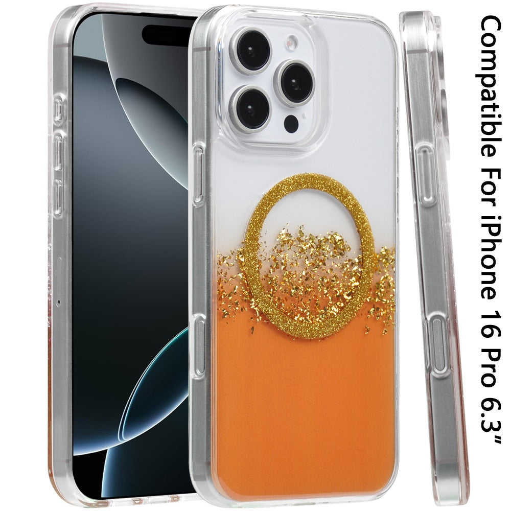For Apple iPhone 16 Pro Glitter Epoxy Magnetic Hybrid Shockproof Protection Clear Back Secure Grip Stylish Durable Design Case Cover Orange