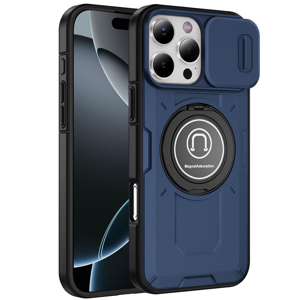 For Apple iPhone 16 Pro Max Build in Invisible Magnetic Ring Stand with Slide Camera Protector, fit Magnetic Car Mount [Compatible with MagSafe] Case Cover