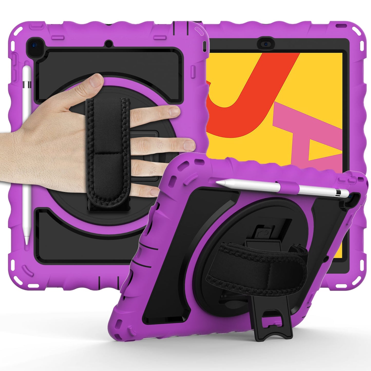 Tablet Case for Apple iPad (9.7 inch) 360 Rotating Hybrid Heavy Duty Kickstand Hand Strap Shoulder Strap Full Body Drop Protection Cover Purple