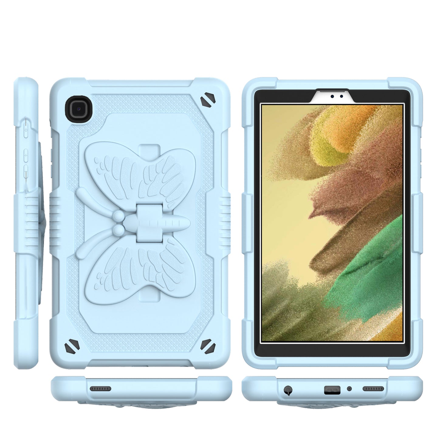 For Butterfly Wings Kickstand 3in1 Tough Hybrid with Pencil Holder Heavy Duty Rugged Shockproof Full Protective Light Blue Tablet Case Cover