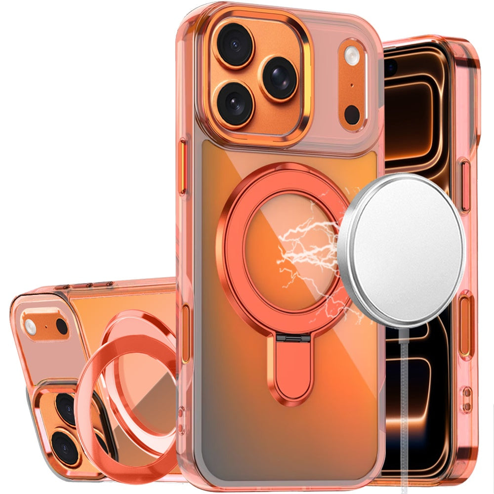 Phone Case for Apple iPhone 17 Pro Max (6.9") Chrome Magnetic Ring Stand Rotational Shockproof Hybrid Kickstand Metal Finish Rugged Drop Protection Armor Cover Cosmic Orange