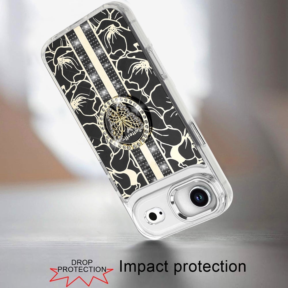 For Apple iPhone 17 Air (6.6") Diamonds 3D Butterfly Floral Design Bling Sparkly Glitter Hybrid Metal Fashion with Ring Stand Case Cover