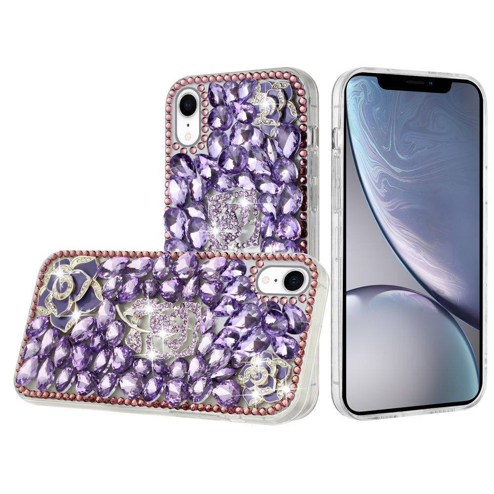 Phone Case for Apple iPhone XR 3D Floral Diamond Bling Glitter Luxury Sparkle Hybrid Stylish Rhinestone Shockproof Protective Designer Cover Purple