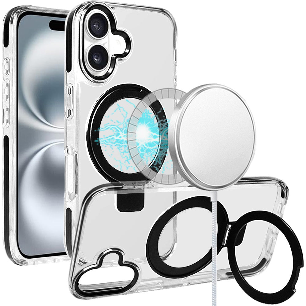 For Apple iPhone 16 Pro (6.3") Hybrid Transparent Circle Back Ring Kickstand [Compatible with MagSafe] Shockproof Color Frame Bumper Case Cover
