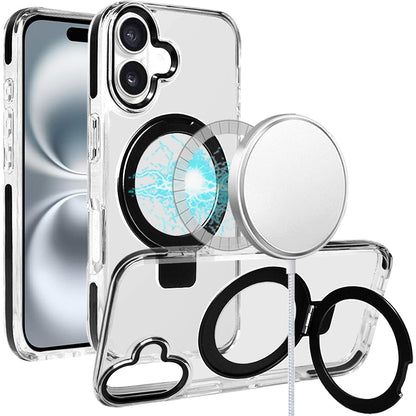 For Apple iPhone 16 Plus (6.7") Hybrid Transparent Circle Back Ring Kickstand [Compatible with MagSafe] Shockproof Color Frame Bumper Case Cover