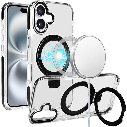 For Apple iPhone 16 Pro Max (6.9") Hybrid Transparent Circle Back Ring Kickstand [Compatible with MagSafe] Shockproof Color Frame Bumper Case Cover