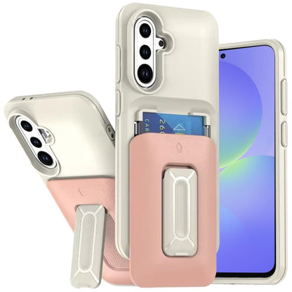 Phone Case for Samsung Galaxy A56 / A36 Credit Card Holder Wallet Shockproof Hybrid Armor Grip with Kickstand & Wrist Strap Protective Dual Card Slot Cover Beige+Light Pink
