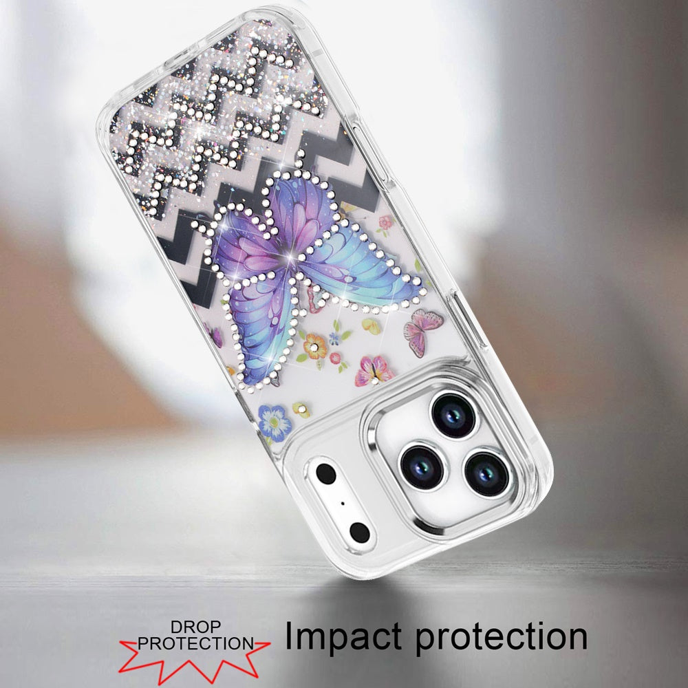 For Apple iPhone 17E /16E Butterfly Resin Epoxy Diamond Design Metal Edged Hybrid Shockproof Heavy Duty Drop Protection Case Cover
