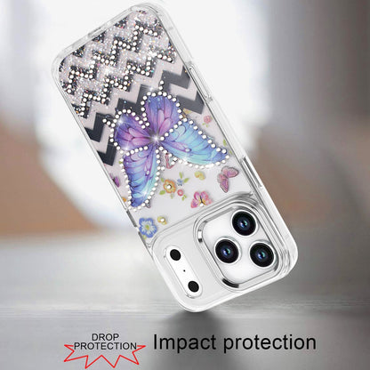 For Apple iPhone 17E /16E Butterfly Resin Epoxy Diamond Design Metal Edged Hybrid Shockproof Heavy Duty Drop Protection Case Cover