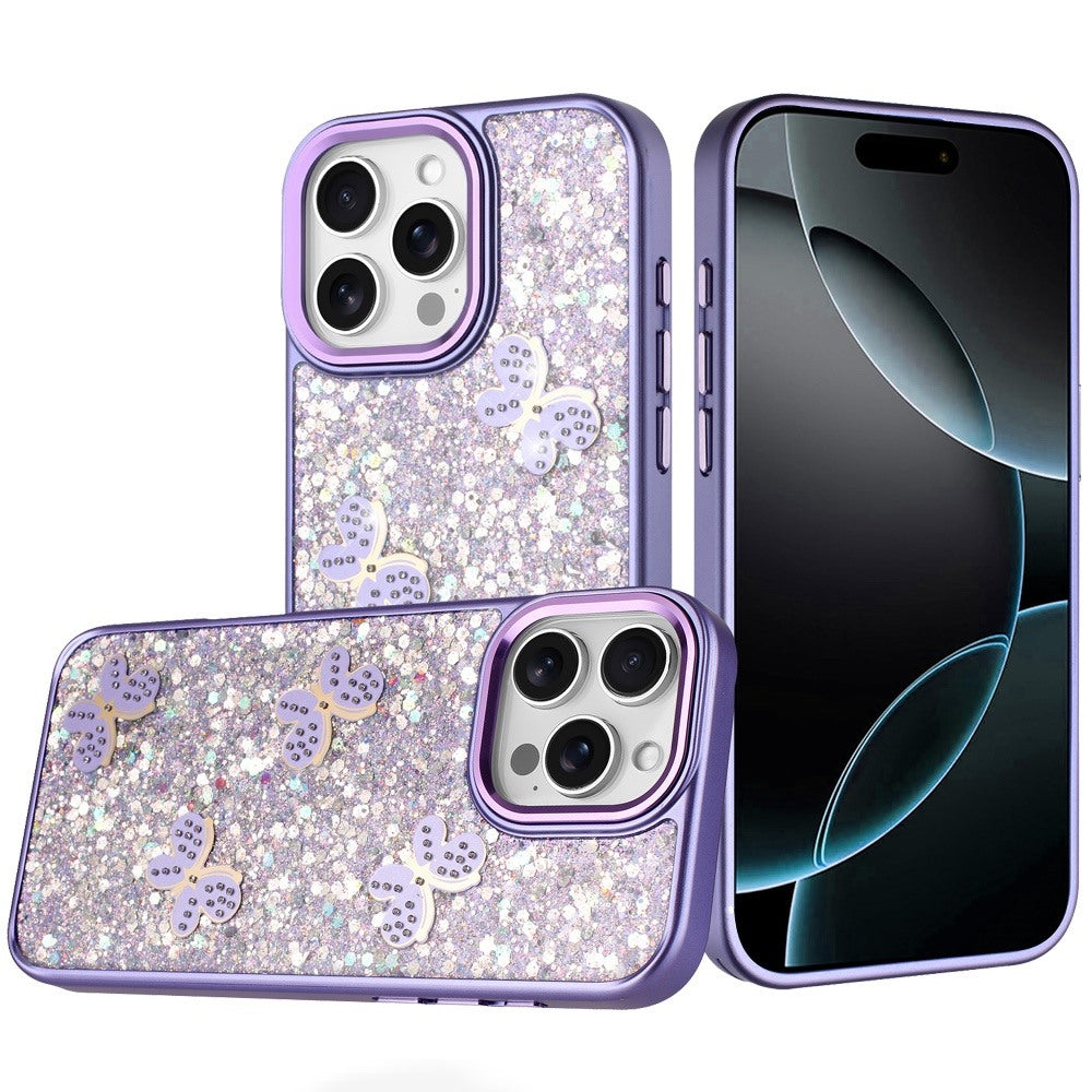 Phone Case for Apple iPhone 16 Pro Max Cute Butterfly Diamond Glitter Metallic Hybrid Shockproof Shimmer Grip Stylish Protective Luxury Designer Cover Dark Purple