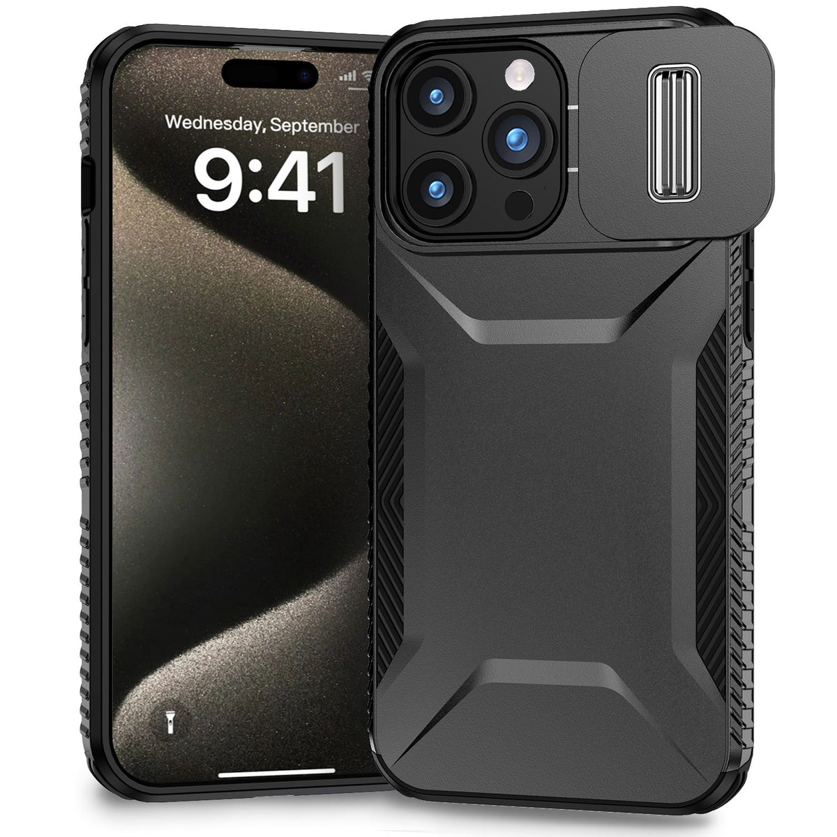 For Apple iPhone 13 (6.1") Slim Fit Shockproof Hybrid with Slide Camera Window Covering, Rugged Tpu Silicone Hard PC Bumper Case Cover