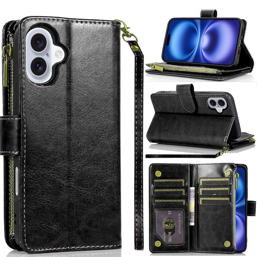 For Apple iPhone 17 (6.3") Leather Wallet Case with Zipper, 9 Card Slots, Cash Pocket, Stand & Strap, Clutch Pouch Design Case Cover