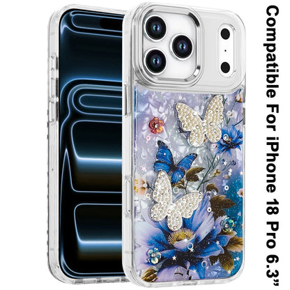 Phone Case for Apple iPhone 18 Pro/ 17 Pro Glitter Butterfly Design Metal Buttons Shockproof Hybrid TPU + PC Durable Protective Slim Grip Stylish Cover