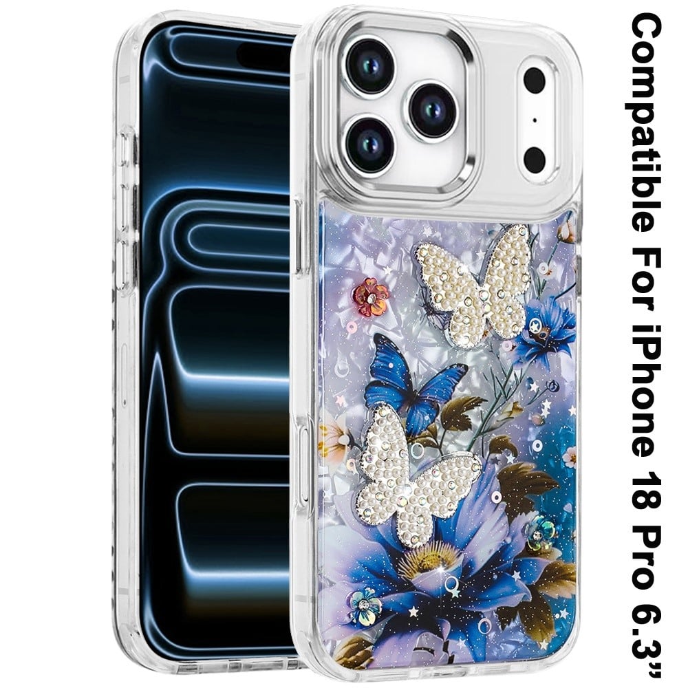 Phone Case for Apple iPhone 18 Pro/ 17 Pro Glitter Butterfly Design Metal Buttons Shockproof Hybrid TPU + PC Durable Protective Slim Grip Stylish Cover