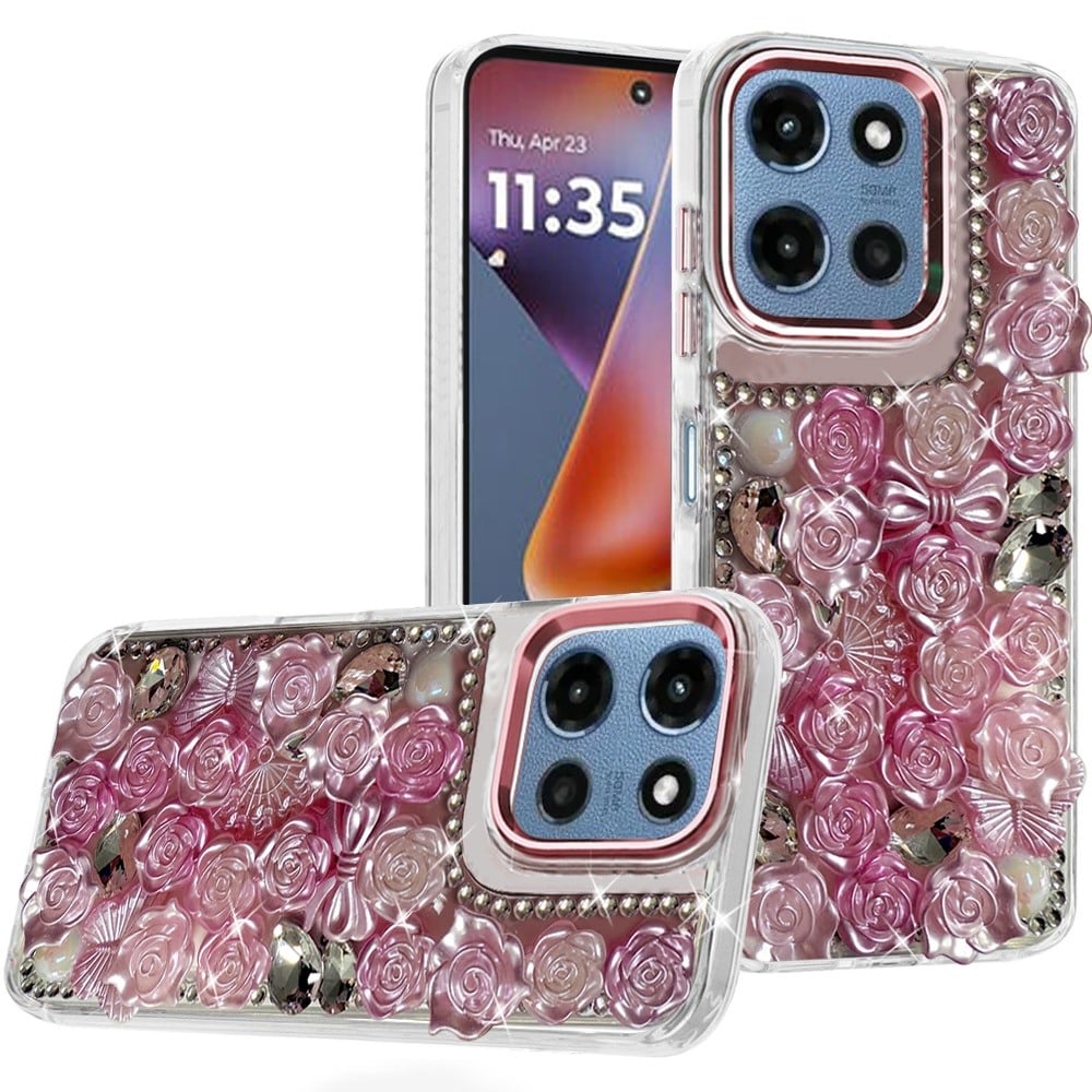 Phone Case for Motorola Moto G 5G 2026 / 2025 3D Flower Bling Rhinestone Glitter Cute Stylish Shockproof Protective Decorative Luxury Grip Stones Ornaments Cover Pink