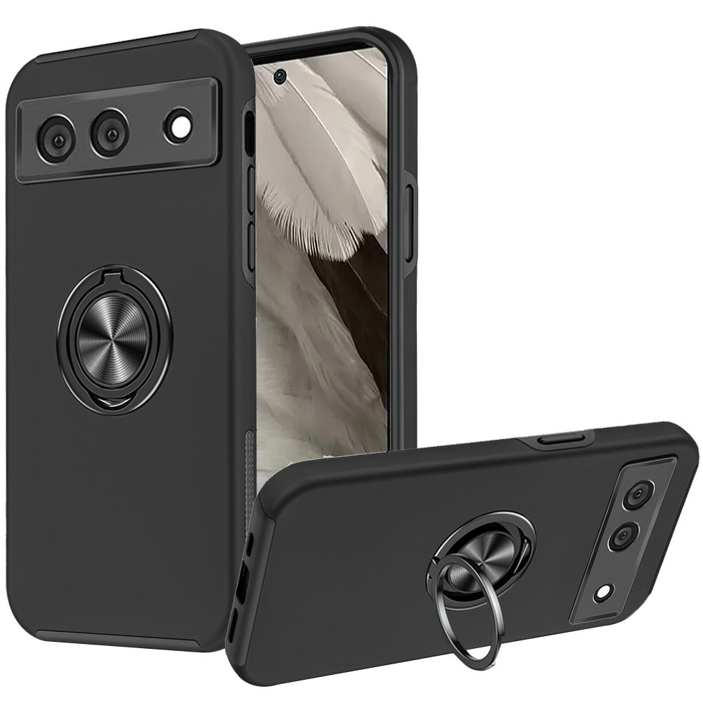 For Google Pixel 7A Hybrid 360 Degree Rotatable Metal Invisible Ring Stand Holder Slim Fit Magnetic Car Mount Shockproof Case Cover Black