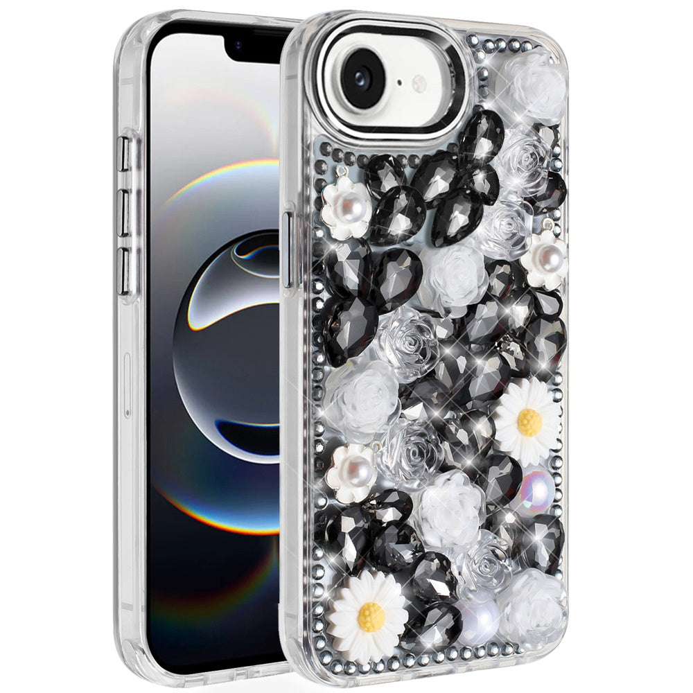 For Apple iPhone 17E /16E Fashion Daisy Floral Series, Full 3D Bling Crystal Diamonds Sparkling Rhinestone Glitter Hybrid Design Case Cover