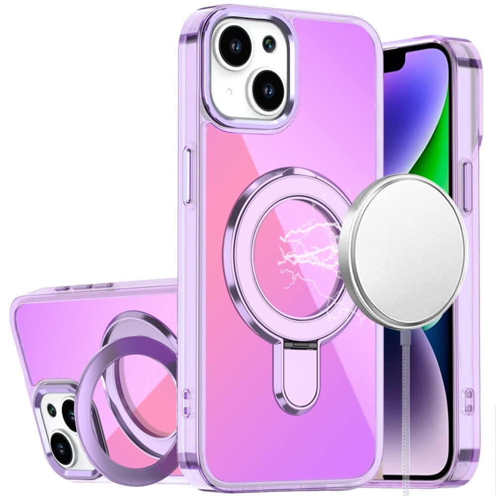 Phone Case for Apple iPhone 14/ iPhone 13 Chrome Magnetic Ring Stand Rotational Shockproof Hybrid Kickstand Metal Finish Rugged Drop Protection Armor Cover Purple