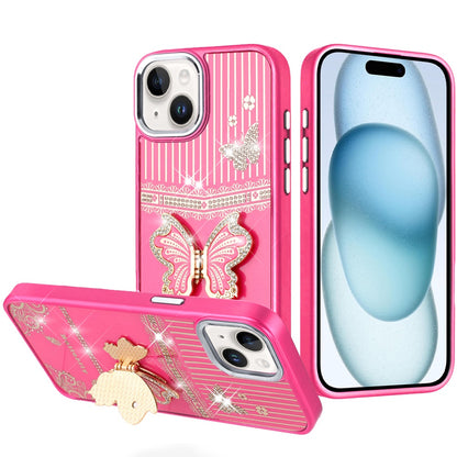 Phone Case for Apple iPhone 15 Glitter Bling Butterfly Stand Metallic Edge Hybrid Shockproof Grip Durable Camera Protection Stylish Design Cover