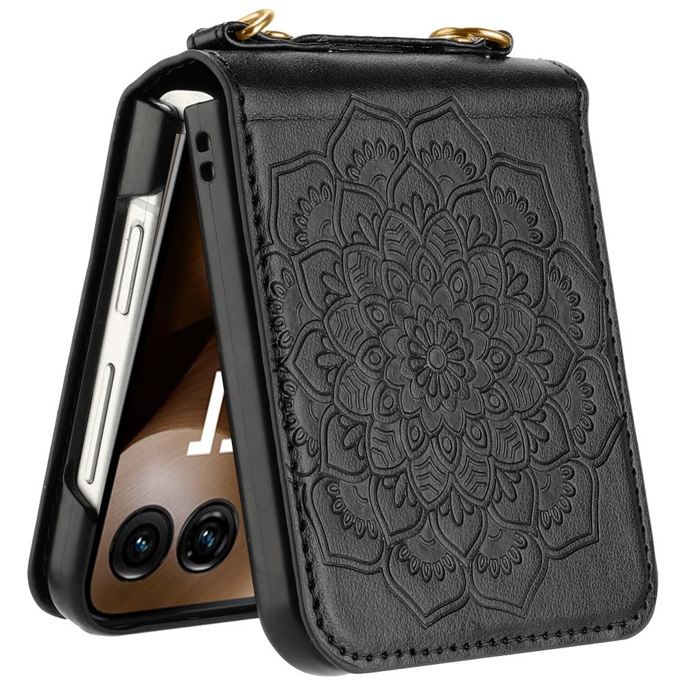 For Motorola Razr+ PLUS (2025 /2024) Embossed Floral PU Leather Henna Mandala Design Flip Cover with Strap, Hybrid Protective Case Cover