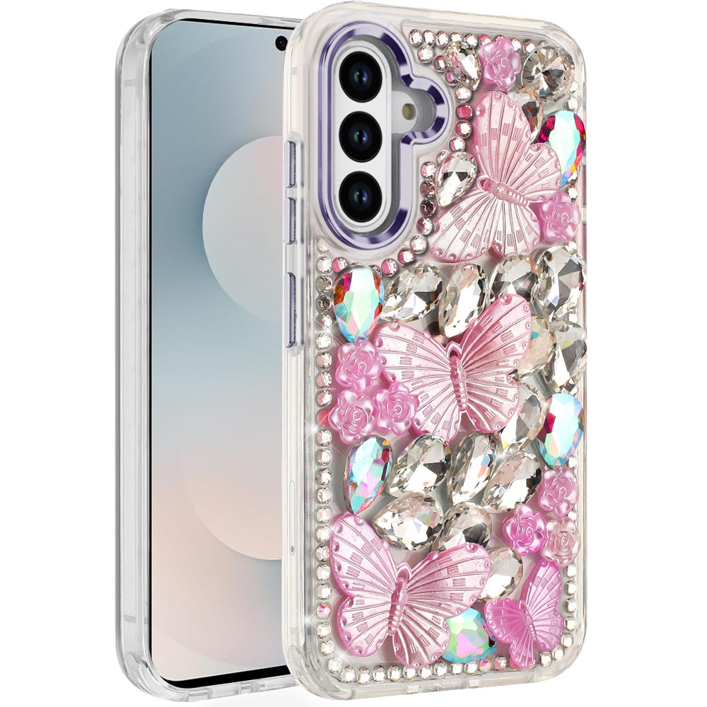 For Samsung Galaxy S26+ / S26 Plus 3D Diamond Floral Butterfly Bling Stone Hybrid, Sparkly Rhinestone Gemstone Back Shockproof Case Cover Purple
