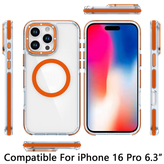 For Apple iPhone 16 Pro Transparent back with Colorful Frame Strong Magnetic Circle [Compatible with Magsafe] Slim Case Cover Orange