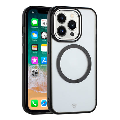 For Apple iPhone 15 Pro Transparent Back Hybrid Case - Magnetic Circle, Color Frame, Metal Buttons, MagSafe Compatible Case Cover Black
