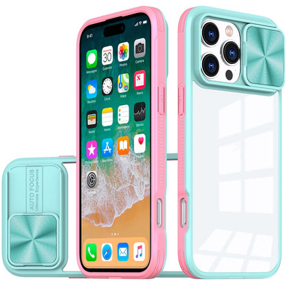 For iPhone 16 Pro Max (6.9") Hybrid Cases with Sliding Camera Cover Transparent Shockproof Bumper TPU Protective Case Cover Pink/Blue