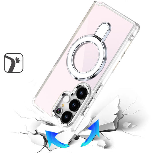 Phone Case for Galaxy S25 Ultra Chrome Magnetic Ring Stand Rotational Shockproof Hybrid Kickstand Metal Finish Rugged Drop Protection Armor Cover