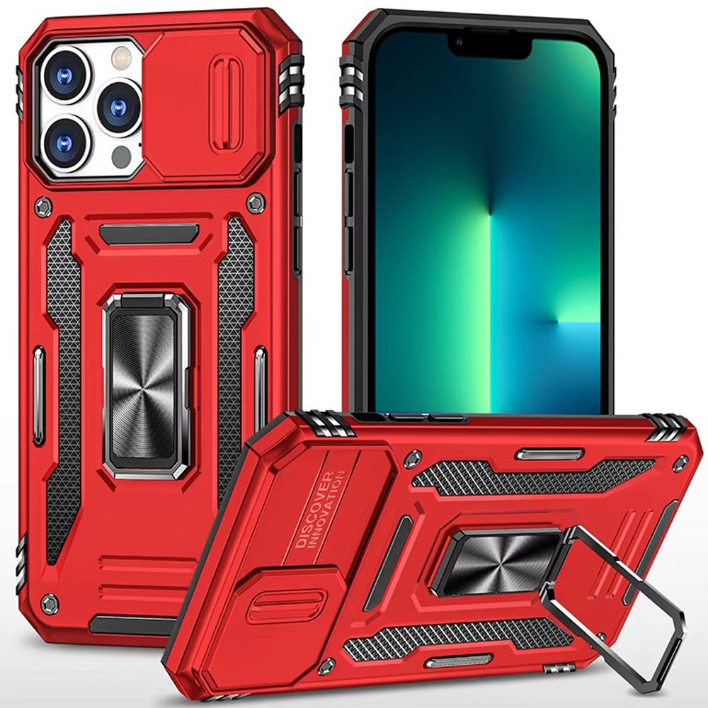 For Apple iPhone 13 Pro Tough Hybrid Case with Movable Camera Window & Metal Ring Stand Shockproof Case Cover