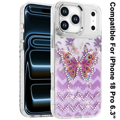 Phone Case for Apple iPhone 18 Pro Butterfly Resin Epoxy Diamond Bling Metal Edge Shockproof Hybrid Luxury Protective Durable Stylish Fashion Grip Cover