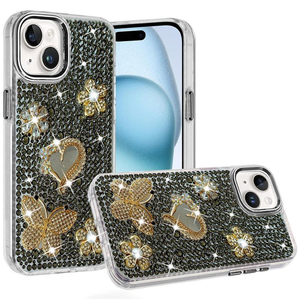 Phone Case for Apple iPhone 15 Luxury Crystal Butterfly Floral Jeweled Heart Full Diamond Design, Sparkling Decorative Details, Elegant Style Cover Black