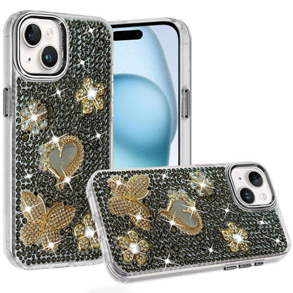 Phone Case for Apple iPhone 15 Luxury Crystal Butterfly Floral Jeweled Heart Full Diamond Design, Sparkling Decorative Details, Elegant Style Cover Black