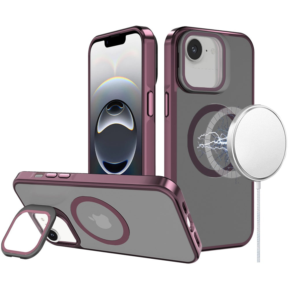 For Apple iPhone 16e Tough HQ Hybrid Case with Aluminum Frame Camera Stand, Compatible with MagSafe, Translucent Matte Shockproof Case Cover