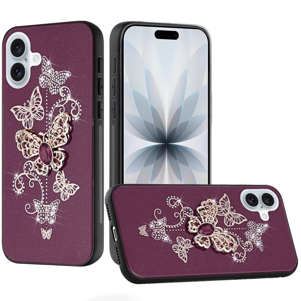 Phone Case for Apple iPhone 18 Diamond Glitter 3D Butterfly Engraved Luxury Bling Hybrid Shockproof Chrome Edge Protective Durable Grip Cover Purple