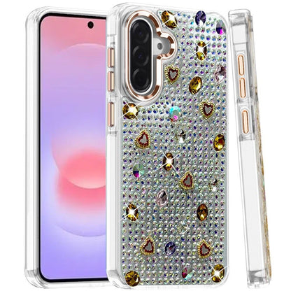 Phone Case for Samsung Galaxy A37 Chrome Fashion Hybrid Bling Diamond Heart Rhinestone Decorative Stones Sparkling Embellished Design Cover