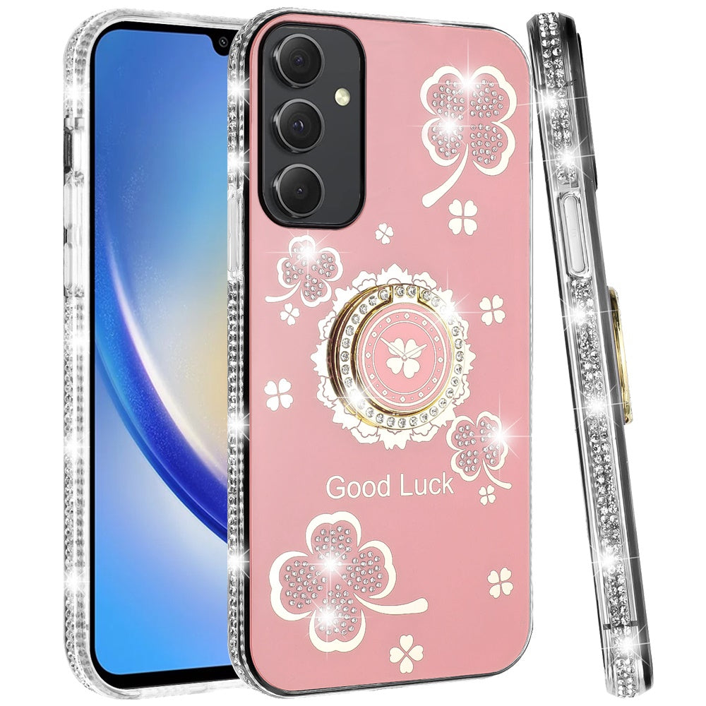 Phone Case for Samsung Galaxy A15 5G Glitter Diamond Ring Stand Sparkle Rhinestone Edge AntiSlip Kickstand Luxury Fashion Bumper Shockproof Cover