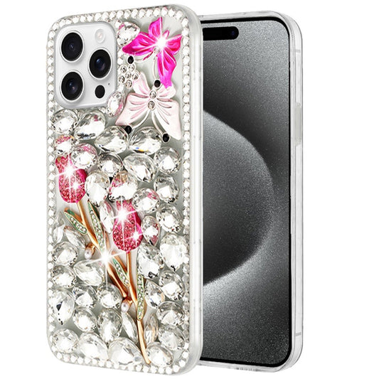 Phone Case for Apple iPhone 15 Pro Max Luxury Full Diamond Glitter 3D Floral Ornament Hybrid Shockproof Stylish Rhinestone Designer Protective Elegant Cover