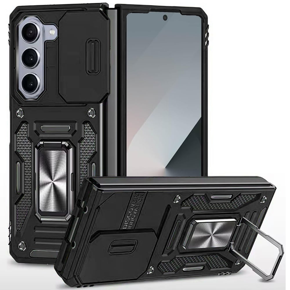 Phone Case for Samsung Galaxy Z Fold 7 Tough Metal Ring Shockproof Sliding Camera Window Hybrid Armor Rugged Anti Slip Heavy Duty Grip Cover Black